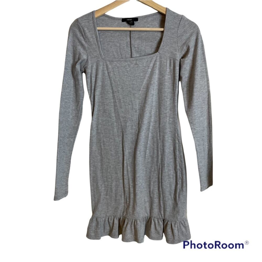 Forever 21‎ Ribbed Square Neck Long Sleeve Mini Dress Gray Ruffle Hem Size Small